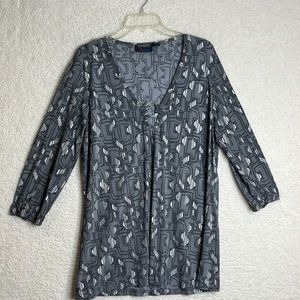 Vintage Diva Blue Womens Gray Geometric Stretch 3/4 Sleeve Top Blouse 2X PLUS